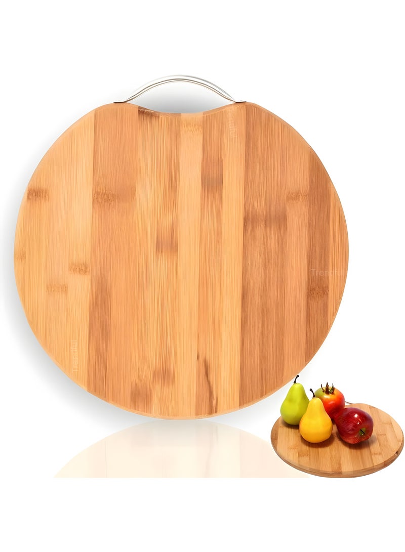 HIAS Round Bamboo Cutting Board 34cm with Stainless Steel Handle – Thick 1.8cm Wooden Chopping Board for Kitchen Food Prep, Meat, Vegetables, Cheese, Bread & Pizza Serving Tray – Durable Eco-Friendly Kitchen Board. - Image 1